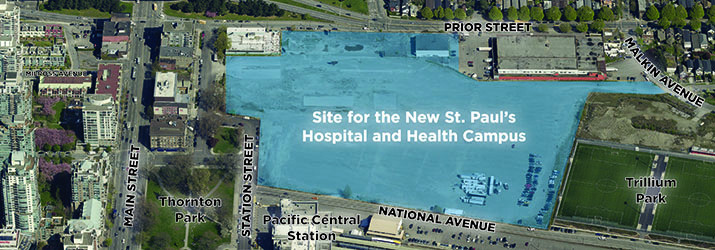 Aerial view of proposed hospital site in East Vancouver.