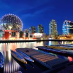 Nighttime photo of Science World on the False Creek waterfront, near False Creek Flats, Vancouver.