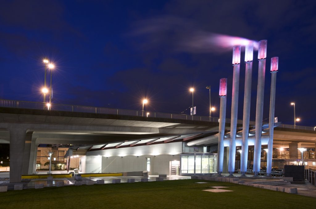 Night view of the False Creek Energy Centre in Vancouver, BC